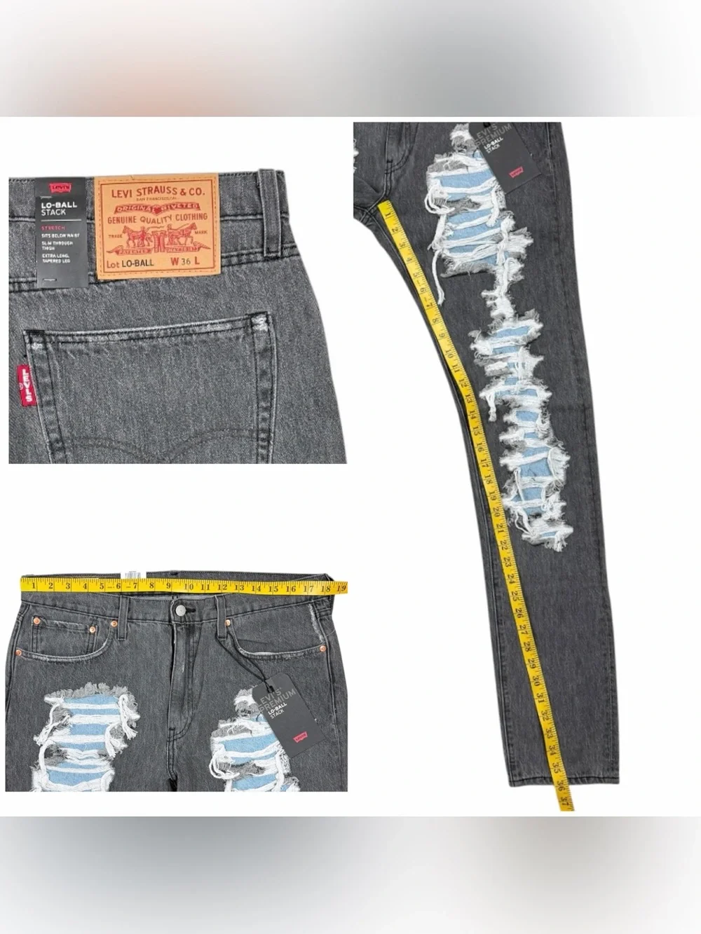 Levis Premium Lot Lo Ball Stack Tapered Stretch Jeans 36x36 Gray Distressed NWT